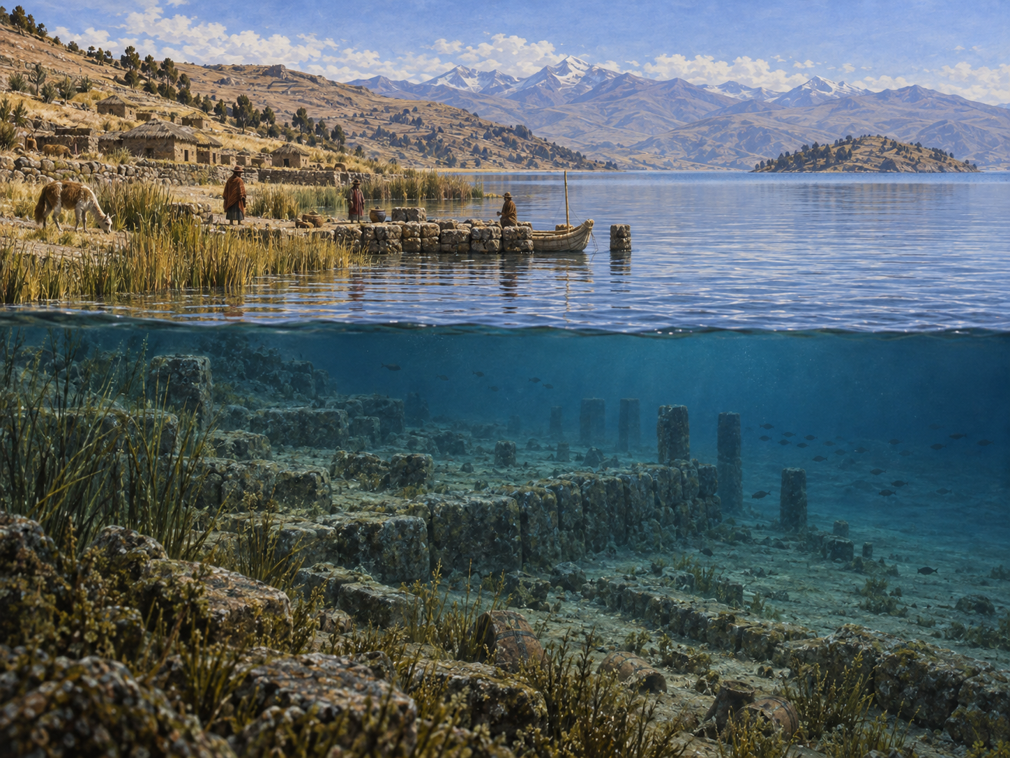 チチカカ湖の水没した古代港