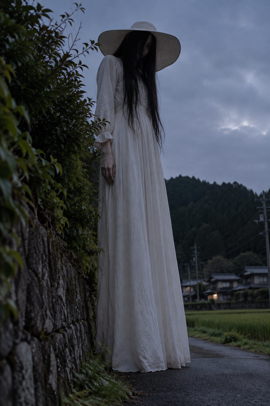 夕暮れの田舎道に立つ八尺様