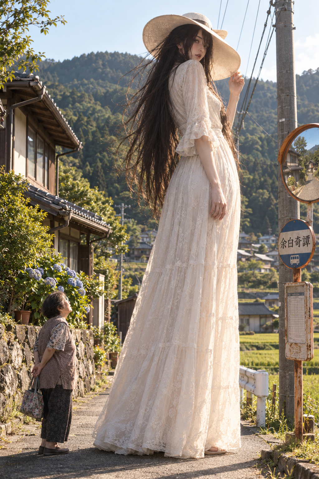 山里のバス停と長身の女性