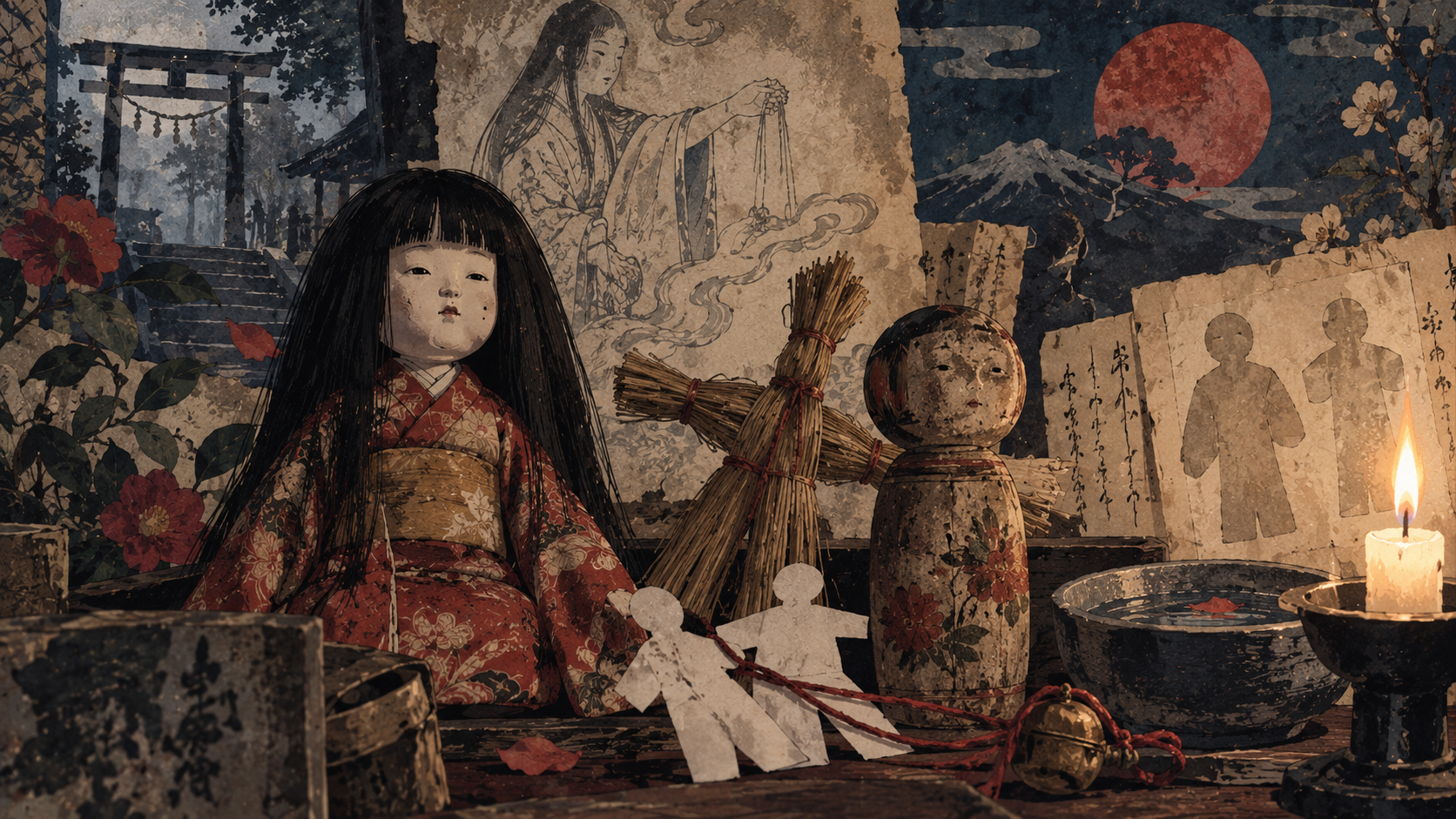 日本人形と蝋燭の幽玄な祭壇