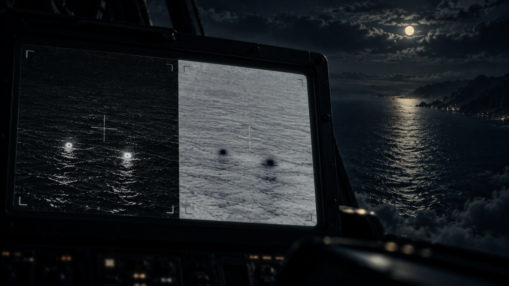 月夜の海を映す監視モニター