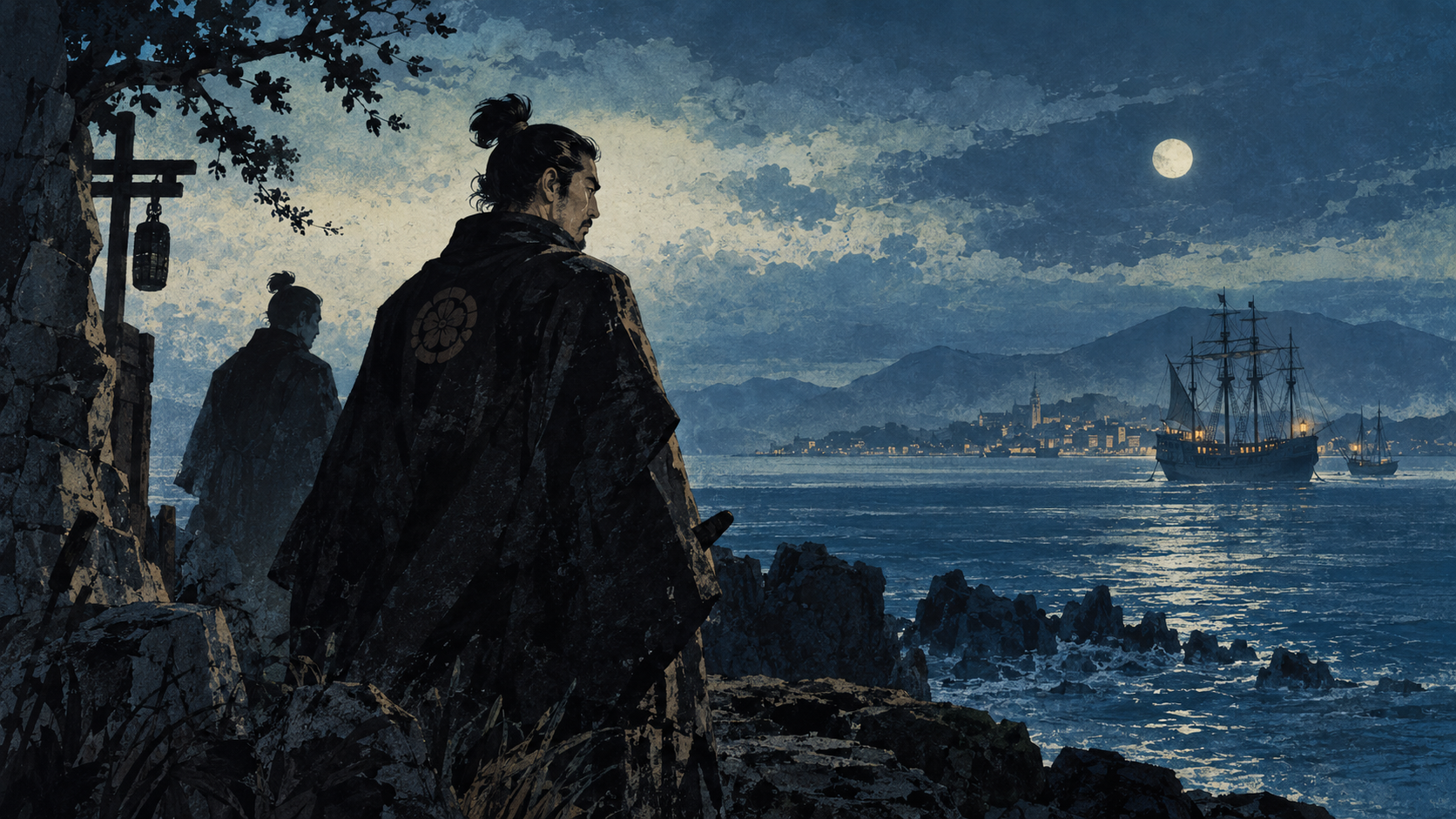 月夜の海を見つめる信長たち