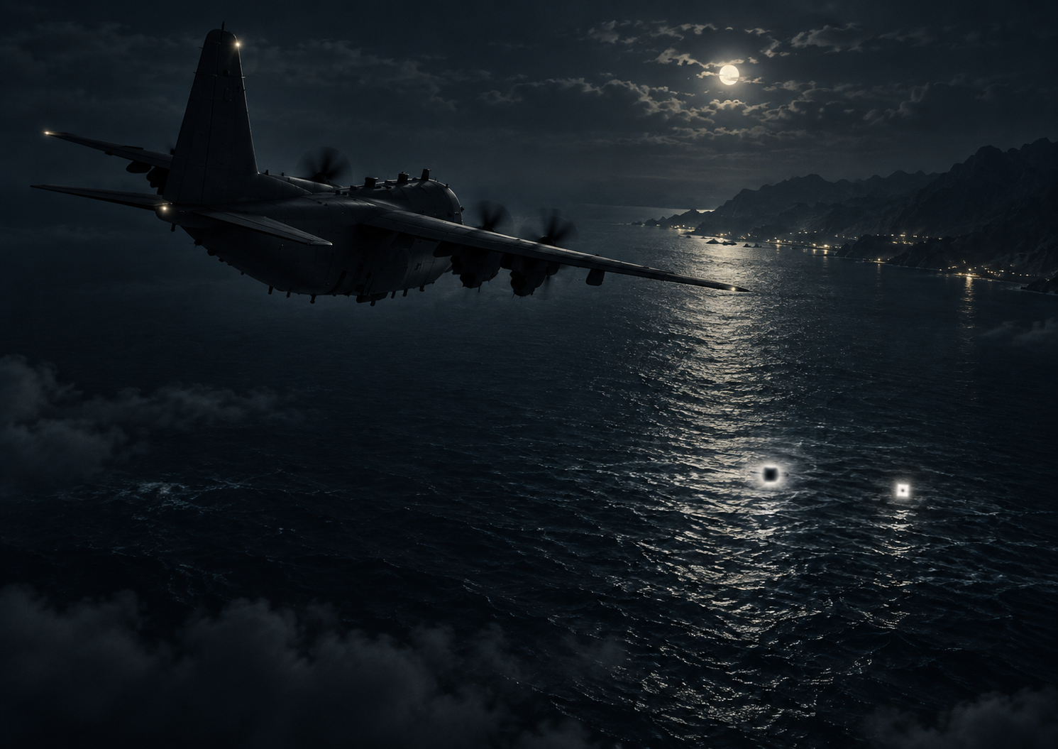 月夜の海を飛ぶ軍用機