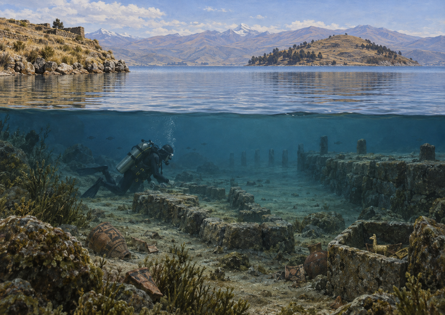 湖上と湖底の古代遺跡探索