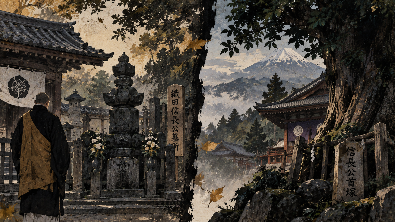 秋の寺院と記憶の山景
