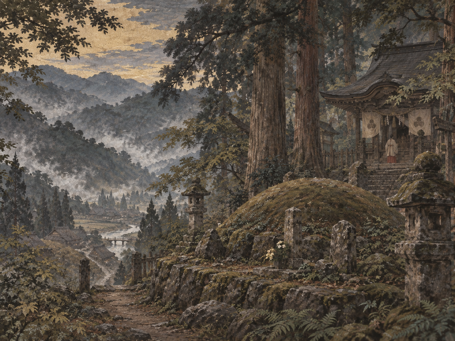霧深き山里の古社と祠